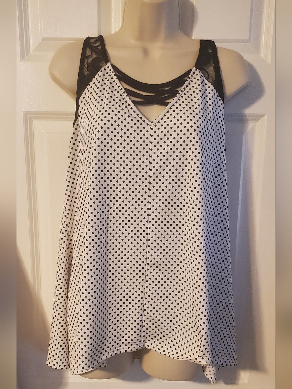 White Polka Dot Tank with Black Lace Straps
